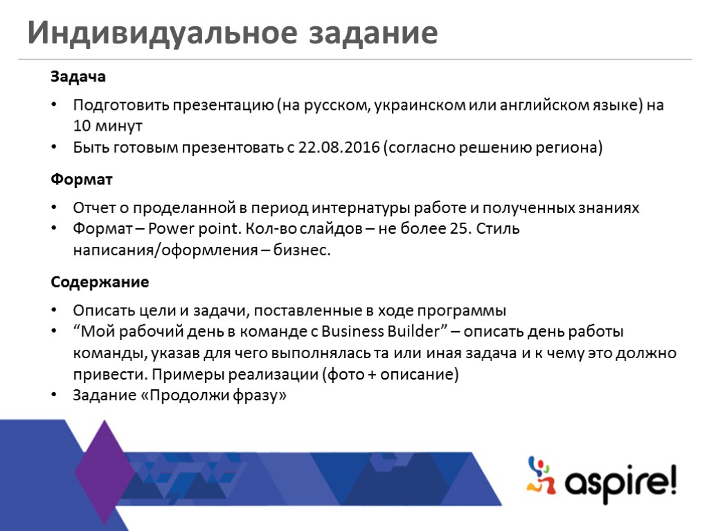 Индивидуальное задание Подготовить презентацию (на русском, украинском или английском языке) на 10 минут Быть